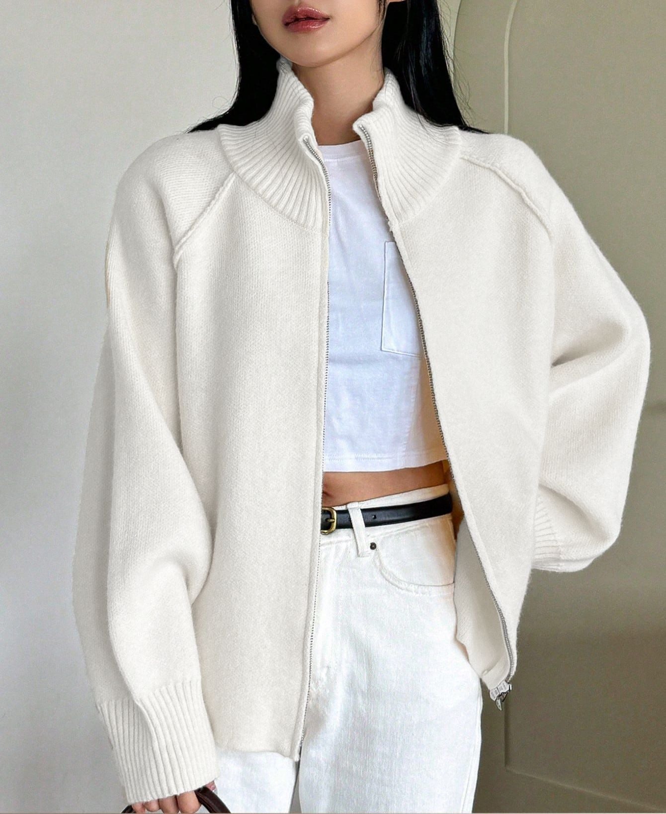 Lazy Sweater Coat Women Autumn Winter Korean Solid Color Stand Collar Zipper Knitted Cardigan Top