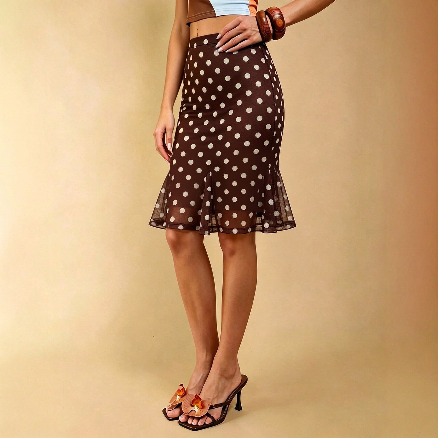 Summer Dot Mesh Fishtail Skirt Retro Ruffled Waist Tight Slimming Skirt