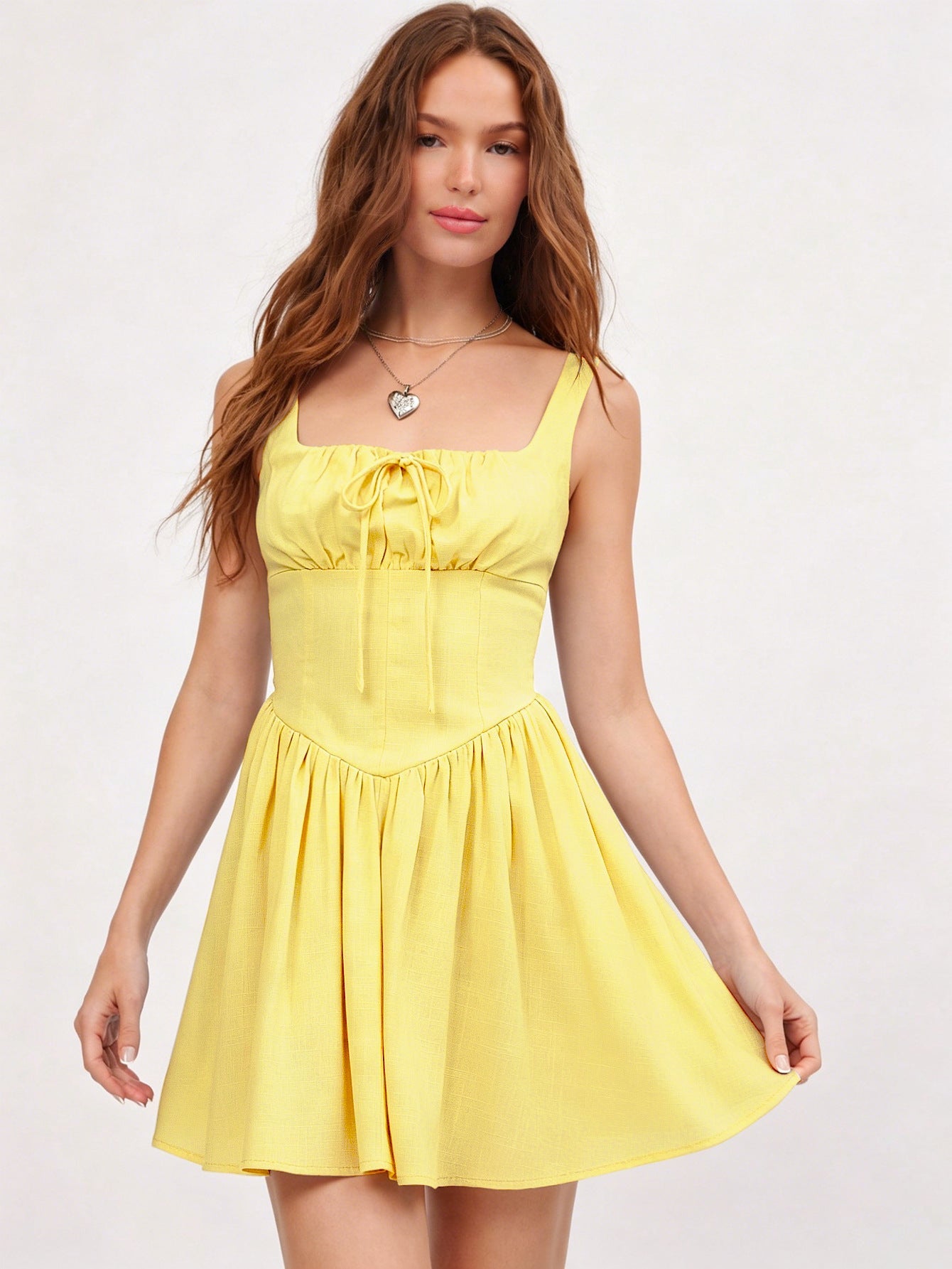 Summer Square Collar Slip Dress Drawstring Lace up Waist Controlled Slimming A line Dress for Women
