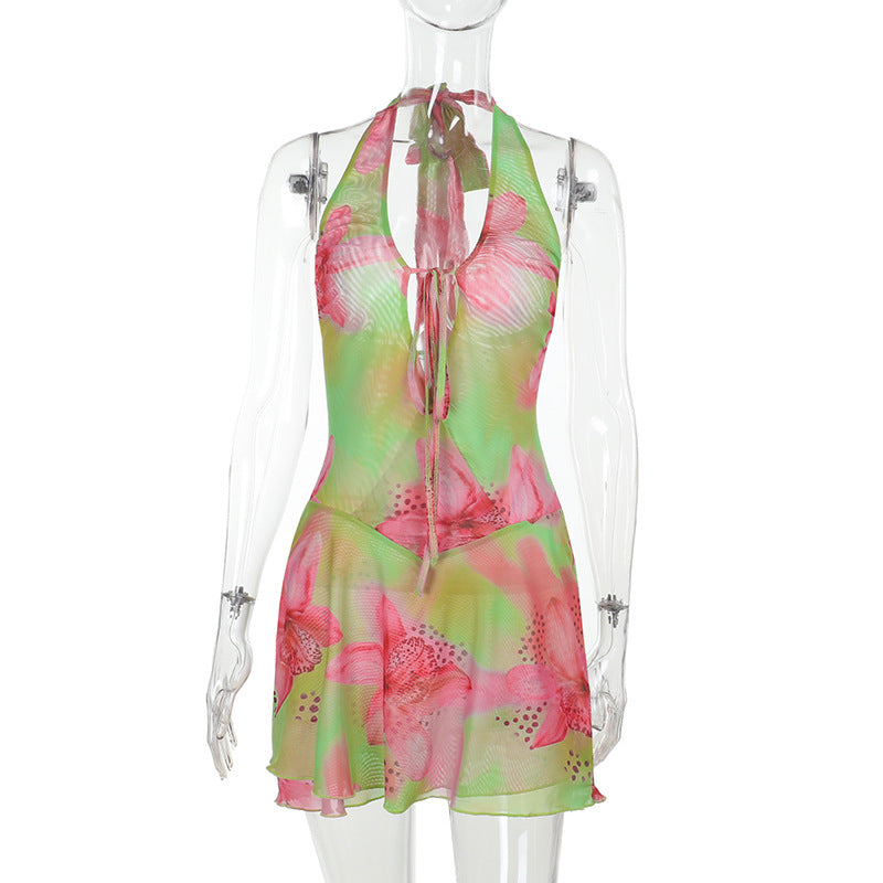 Women Summer Floral Print Backless Holiday Dress