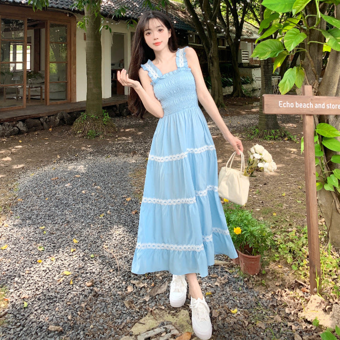 Women Clothing Summer French Gentle Sweet Spaghetti Strap Dress Women Waist Trimming Slimming Dress
