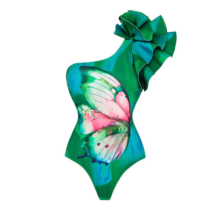Oblique Shoulder Ruffles Butterfly Print One Piece Swimsuit Women