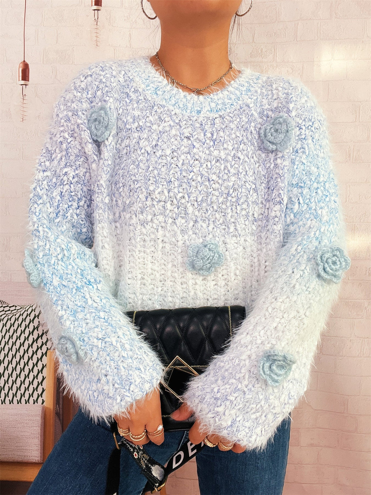 Autumn Winter Gradient Color Three Dimensional Cute Floral Pink round Neck Long Sleeve Knitted Pullover Sweater