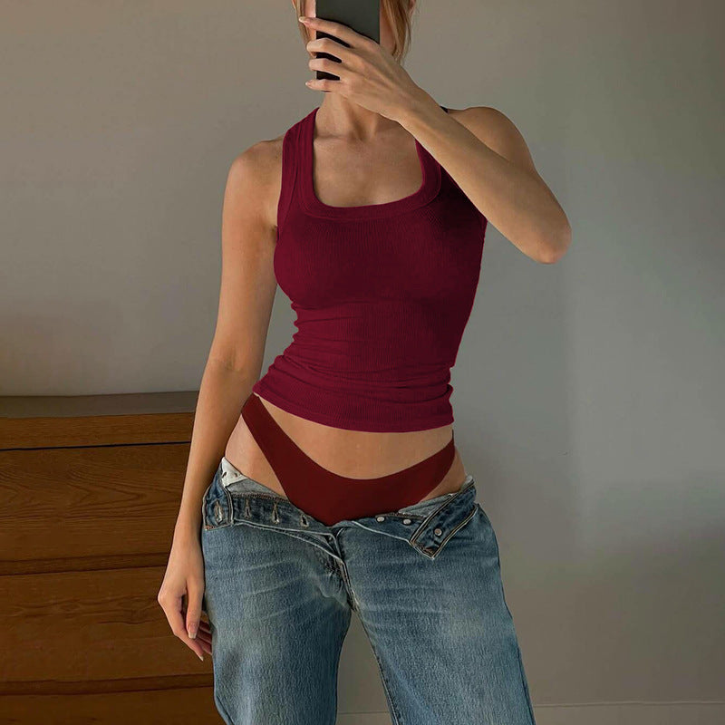 Women Clothing Summer Sexy U Collar Solid Color Slim Fit I Shape Cropped Vest for Women