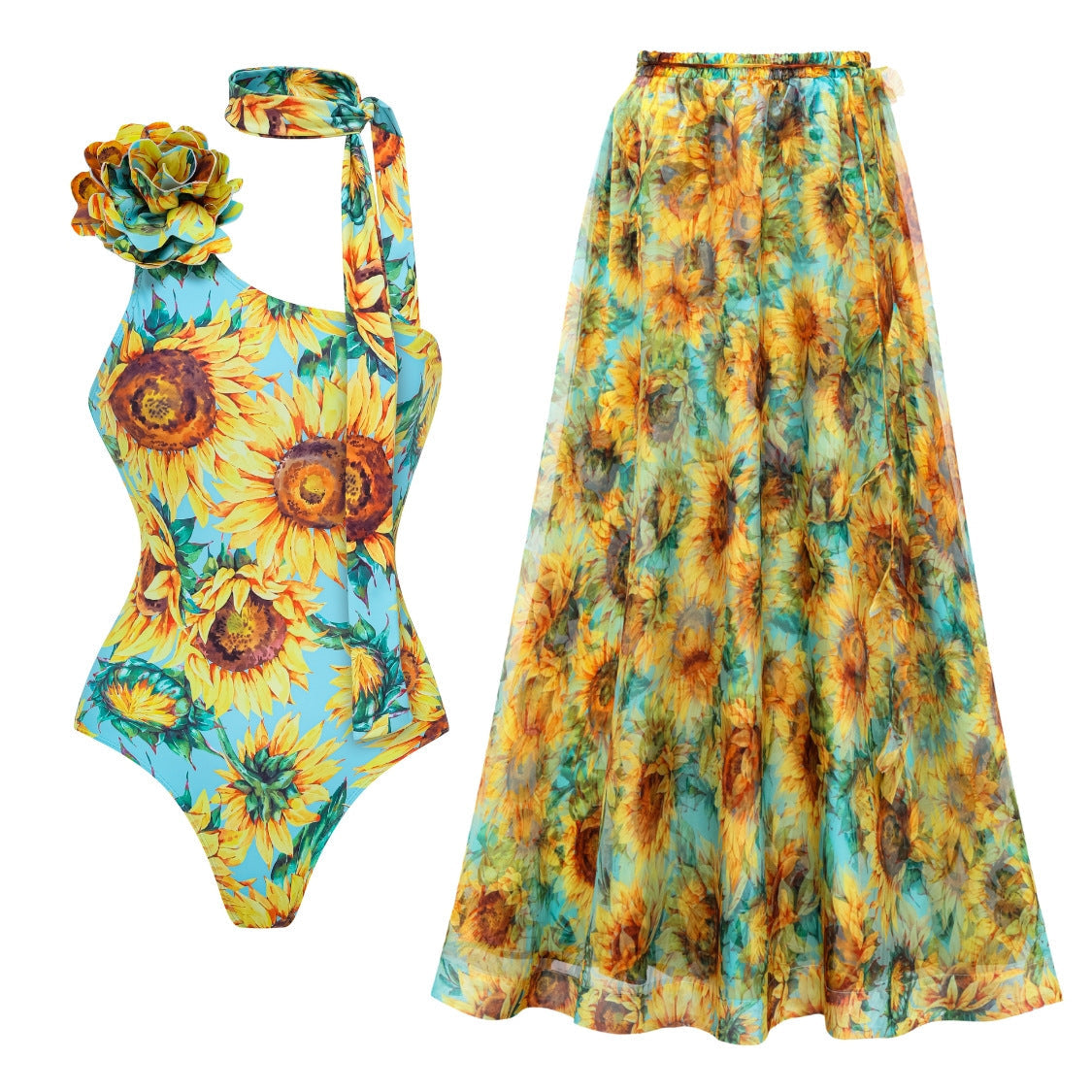 Swimsuit Sunflower Print Lace up Hard Bag One Piece Swimsuit Set Women