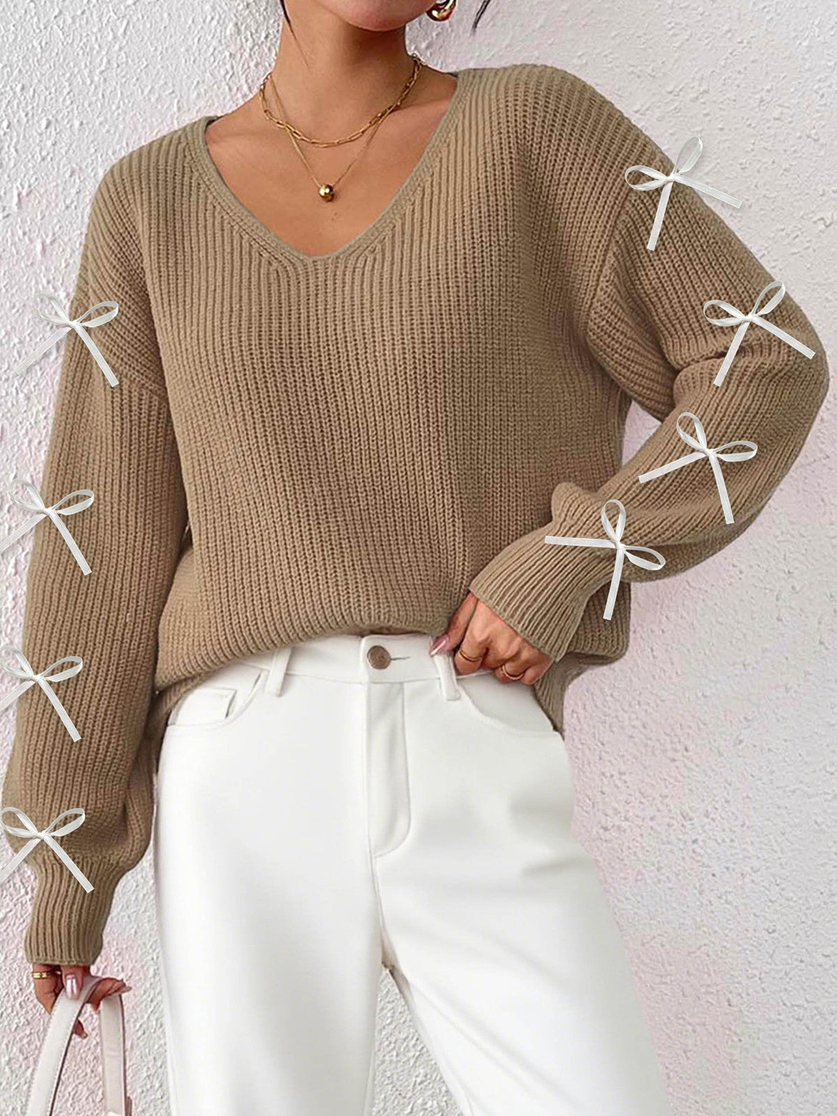 Women Autumn Winter Coat Women Clothing Ribbon Bow Decorative Woven Pullover
