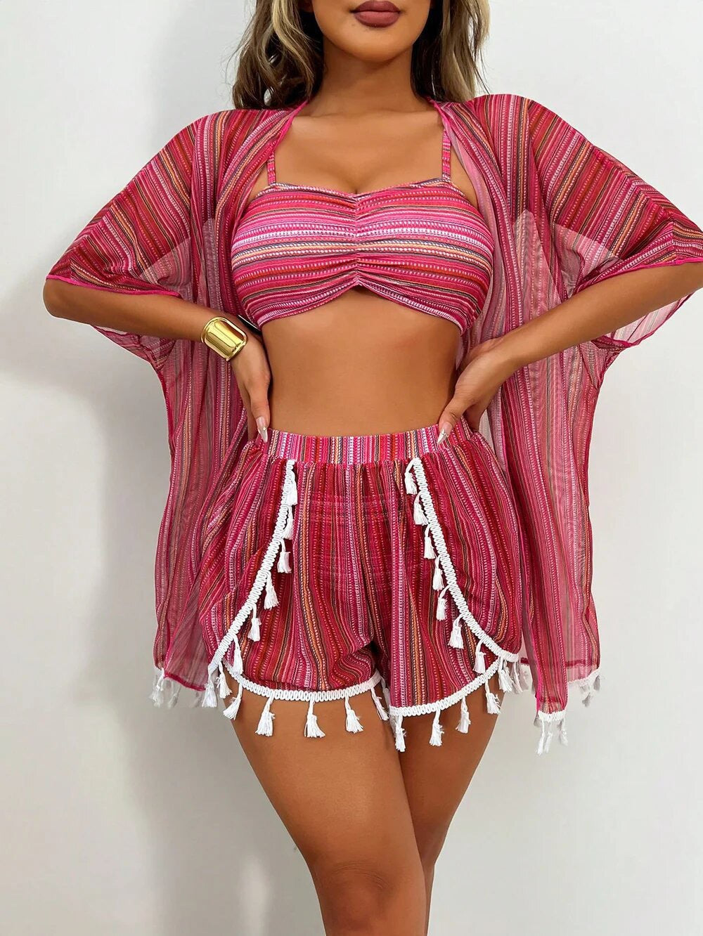 Sun Protective Blouse Sexy Tassel Bikini Four Piece Set Swimsuit Set