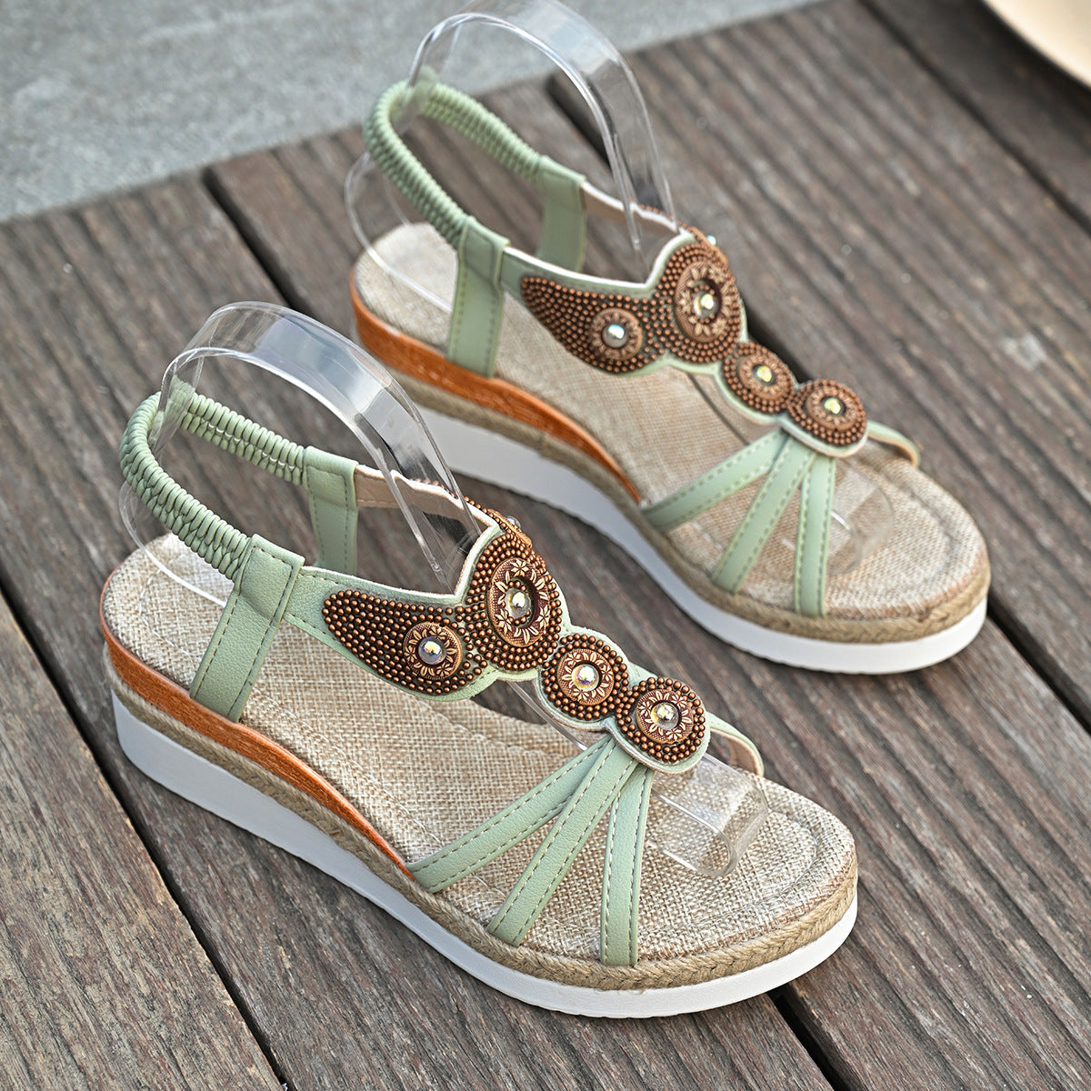 Rhinestone Beaded Elastic Band Wedge Sandals Women Ethnic Mid Heel Lightweight Casual Beach Sandals
