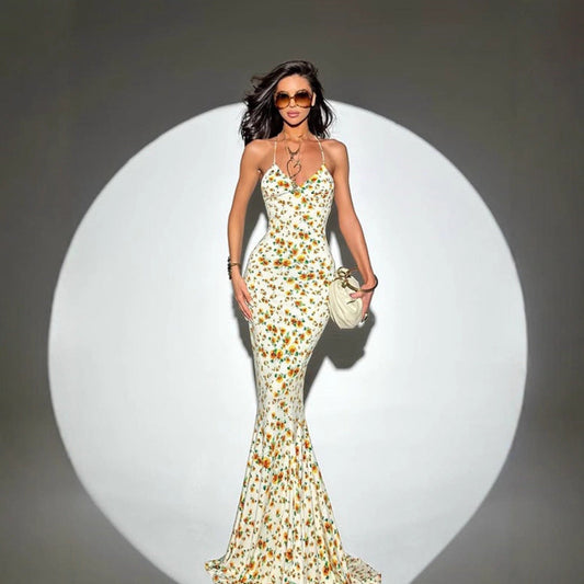 Spring Summer Waist Slimming Elegant Floral Strap Dress Deep V Plunge Vacation