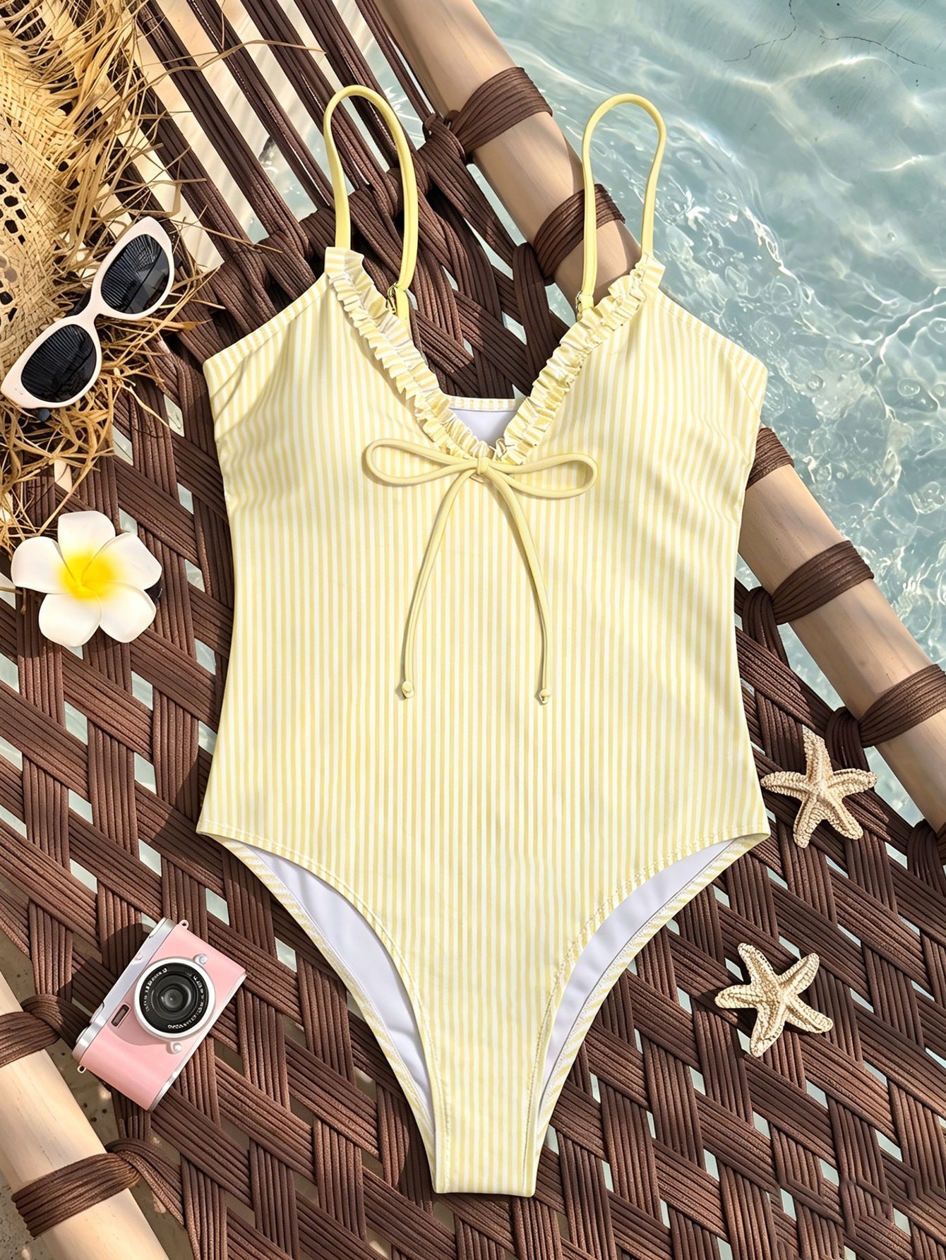 One Piece Swimsuit Plaid Striped Print Knotted Sexy Bikini Beach Women