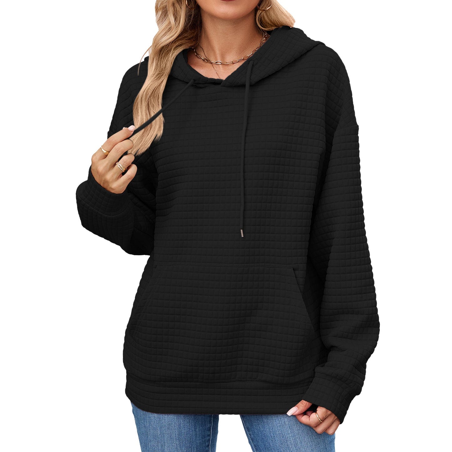 Autumn Winter Solid Color Hooded Pocket Loose Long Sleeve Sweatershirt Coat for Women
