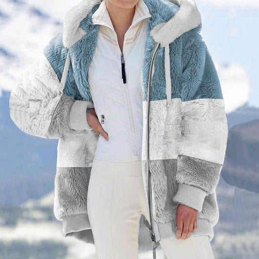 Autumn Winter Warm Plush Patchwork Zipper Pocket Hooded Loose Coat Women