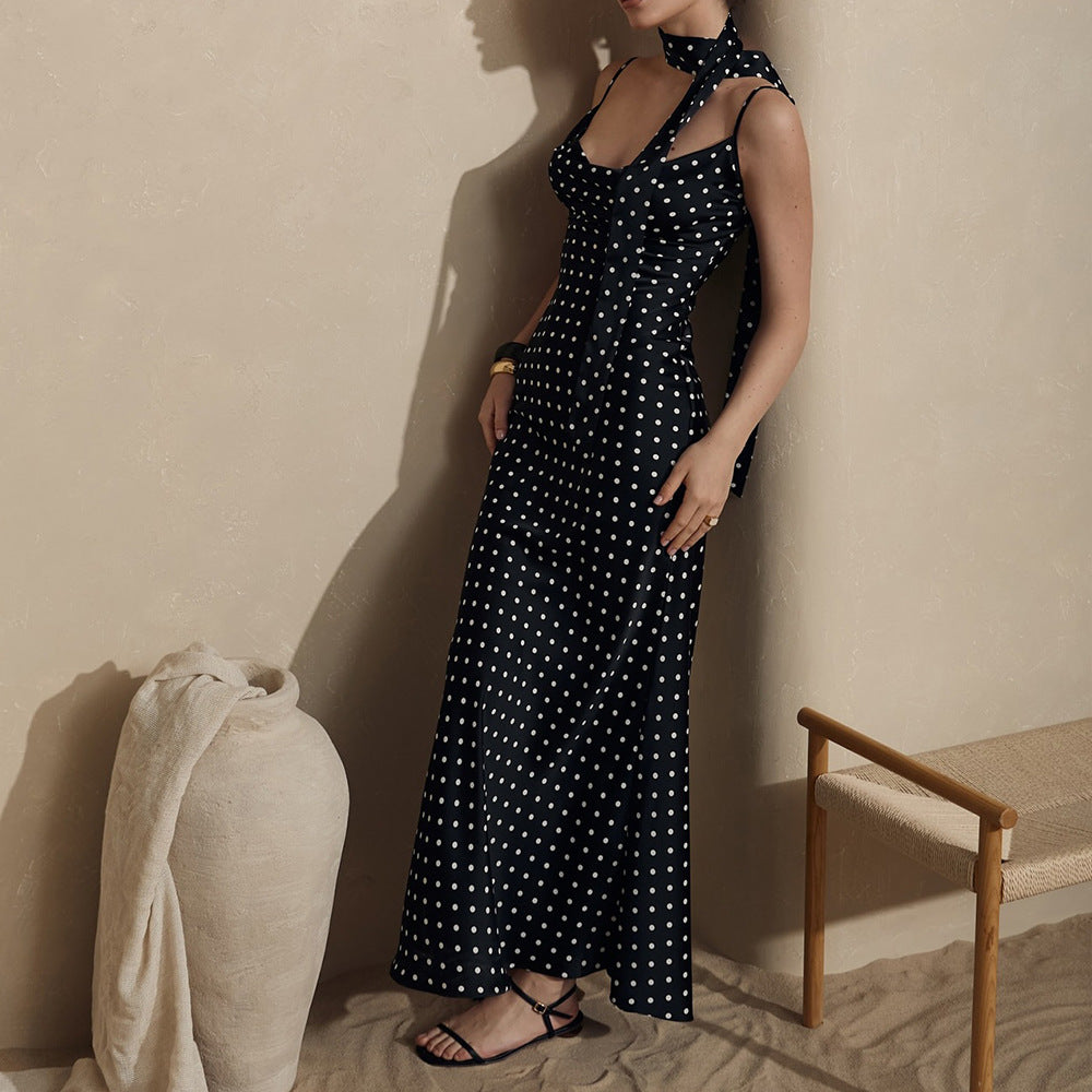 Strap Maxi Dress Summer Halter Strap Fishtail Polka Dot Maxi Dress