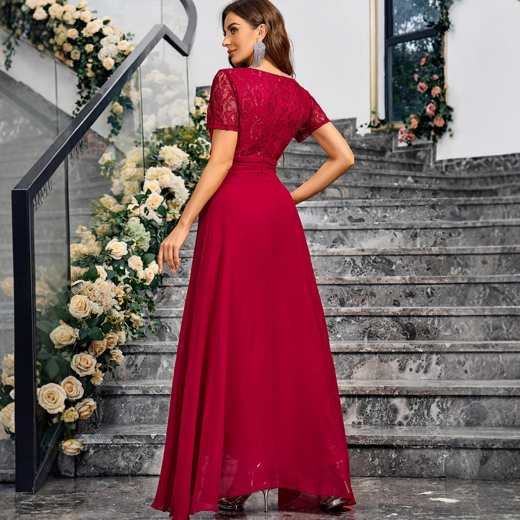 V neck Solid Color Summer Elegance Slim Fit Maxi Dress Long Cocktail Dress