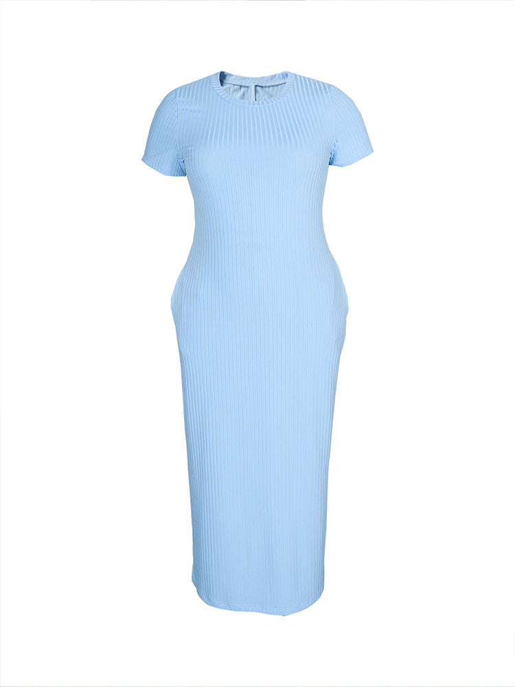 Solid Color round Neck Tight Mid Length Dress Rib Knitted Short Sleeve Slim Dress