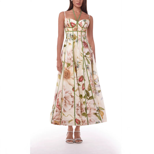 Spring Summer Suspender Printed Large Swing Dress Holiday Casual Women Dress