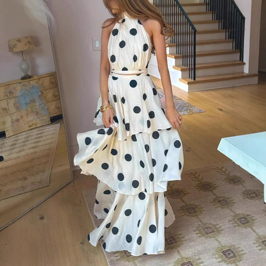 Polka Dot Printed Halter Sleeveless Top Tiered Skirt Two Piece Sets