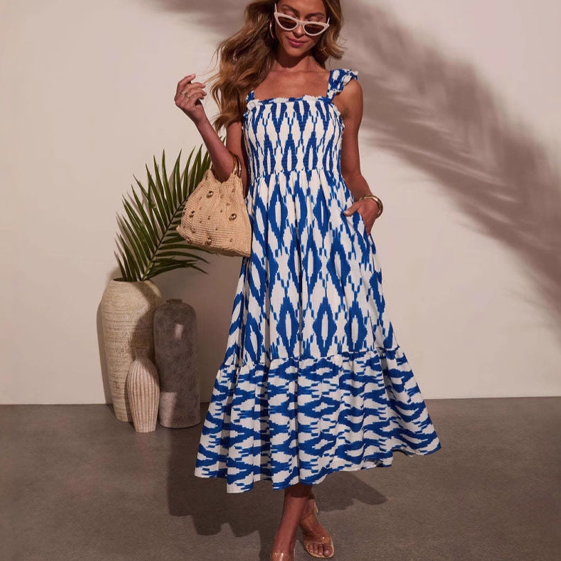 Women Clothing Summer Dress Printed Sexy Square Neck Cinched Pleated Suspender Large Swing Dress