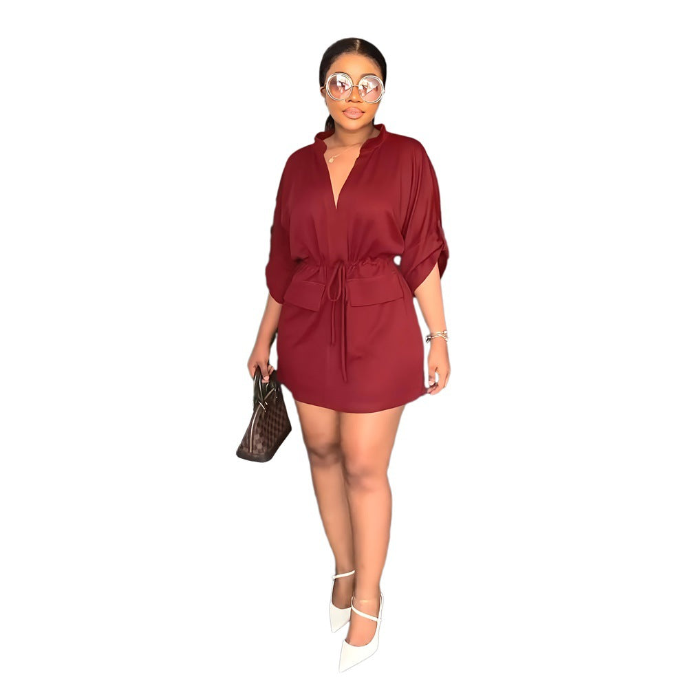 V neck Loose Waist Tight Workwear Short Summer Casual Women Dress