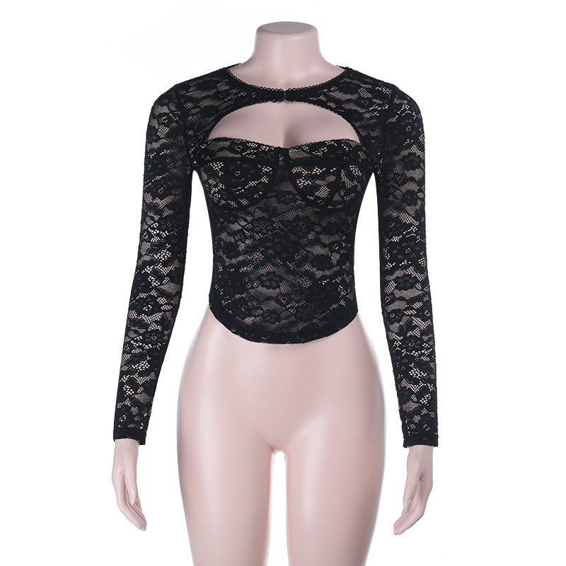 Sexy Lace Cutout Sexy Push up Tops Women Autumn Sexy Long Sleeve