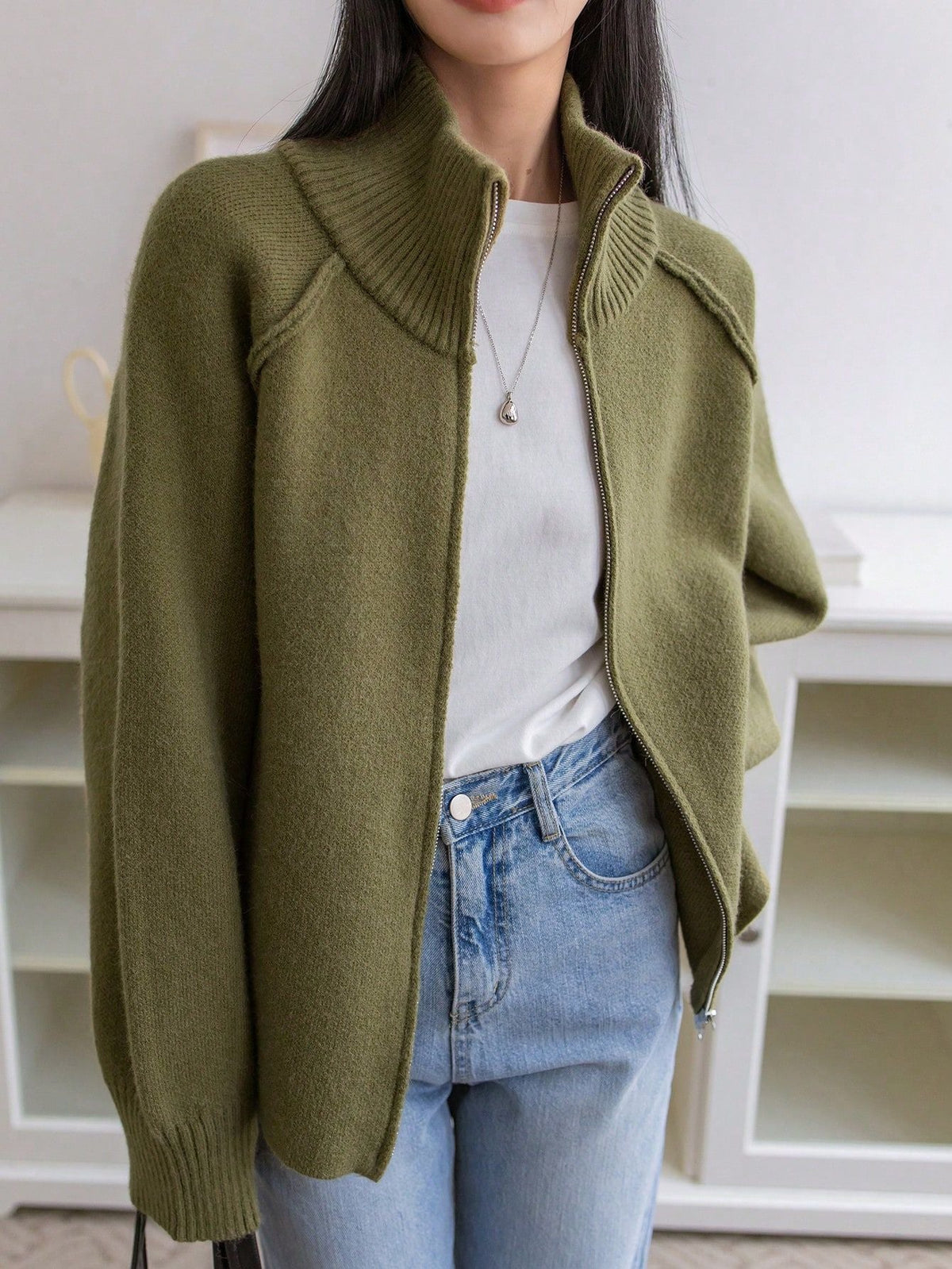 Lazy Sweater Coat Women Autumn Winter Korean Solid Color Stand Collar Zipper Knitted Cardigan Top