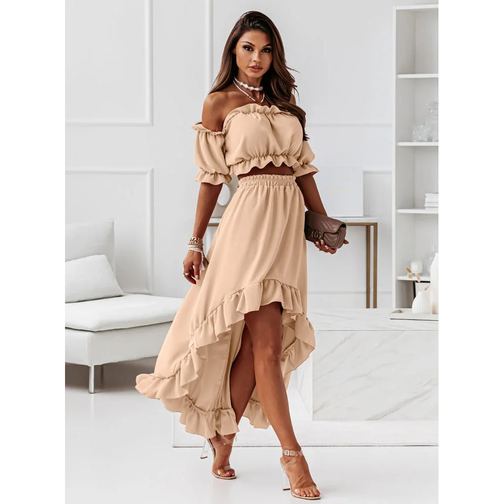Autumn Word Collar Flounced Skirt Casual Irregular Asymmetric Short Sleeve Two Piece Sets