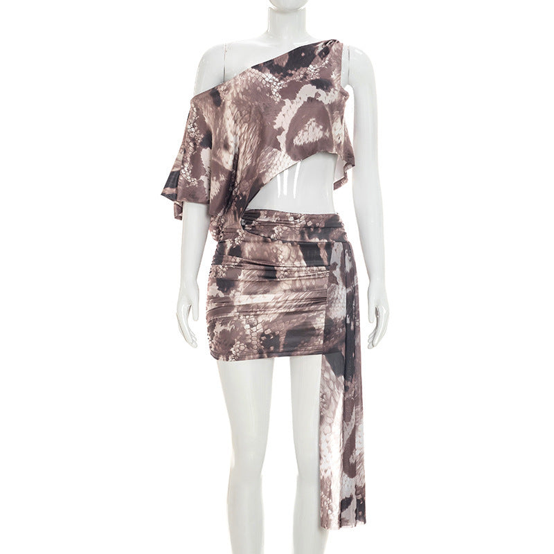 Women Clothing Summer Sexy Abstract Printing Diagonal Collar One Shoulder Short Sleeved Ribbon Short Dress