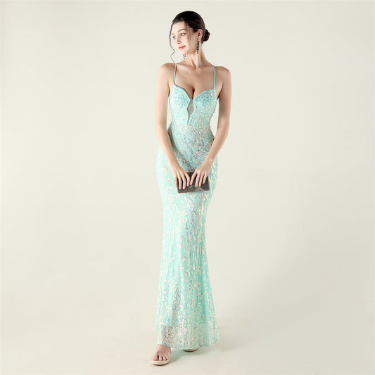 Beaded Embroidery Sequined Waist Trimming Lace up Deep V Plunge Heart Strap Evening Dress Cocktail Party