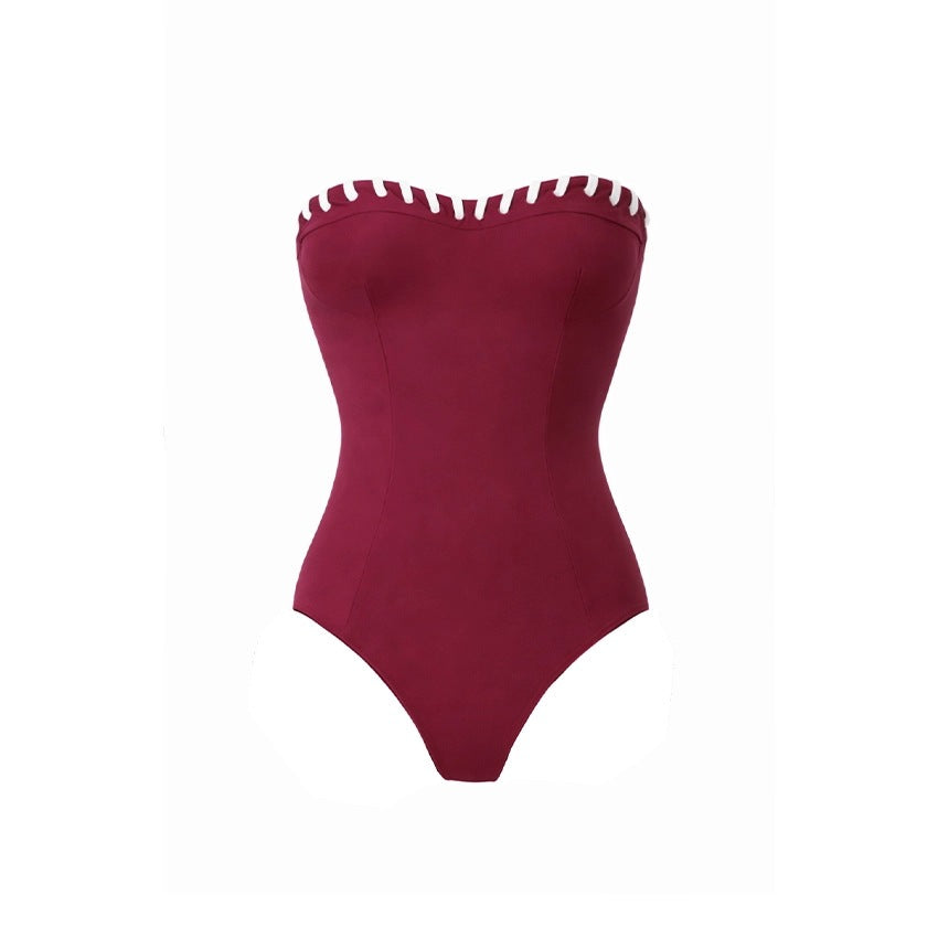 Swimsuit Wine Red Niche Design Tube Top One Piece Swimsuit Women Wrap Skirt
