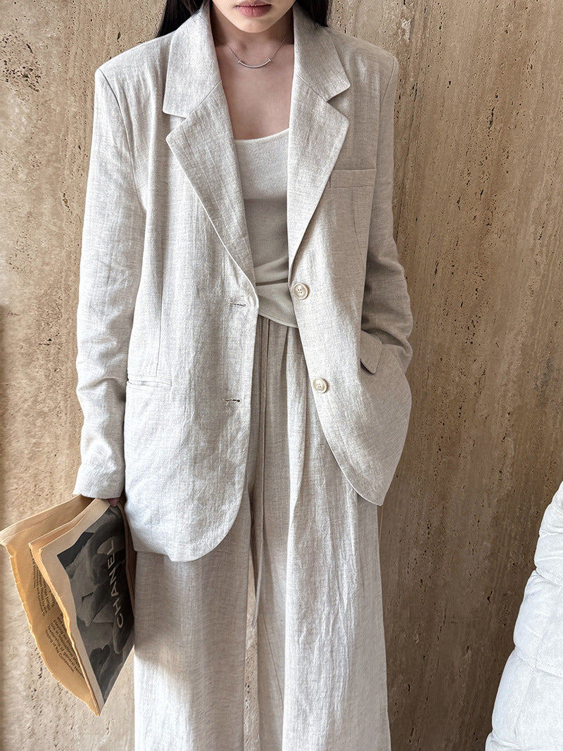 High Grade Linen Blazer Women Spring Cotton Linen Small Work Pant Two Piece Sets