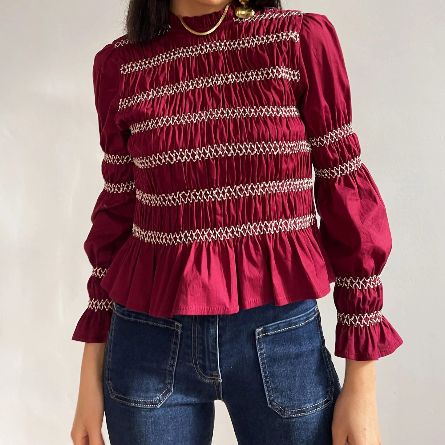 Autumn Winter Arrival Multi Color Casual Half High Collar Smocking Long Sleeved Top Bottoming Shirt