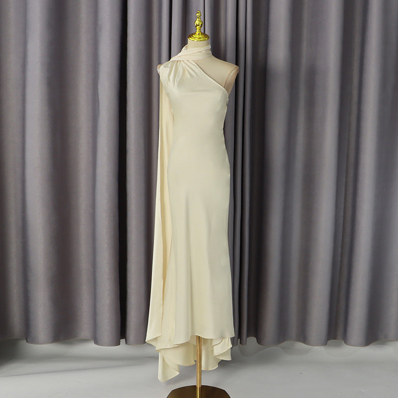 Summer Elegant Retro Solid Color off the Shoulder Dress Slim Fit Slimming Fashionable Dress Women