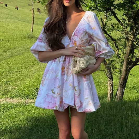 Printed Dress for Women Summer Sexy Backless V neck Puff Sleeve Tied High Waist A line Dress