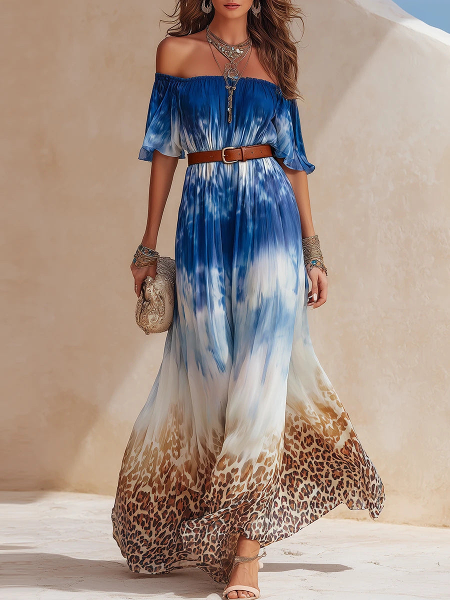 Bohemian Tie Dye Gradient off Shoulder Dress Leopard Splicing Loose Elegant Holiday Dress