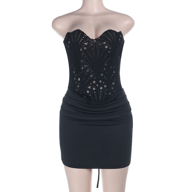 Waist Slimming Sexy Tube Top Hollow Out Cutout Lace Dress