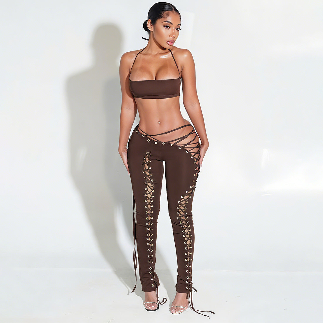 Women Sexy Lacing Vest Street Lace up Trousers Two Piece Set