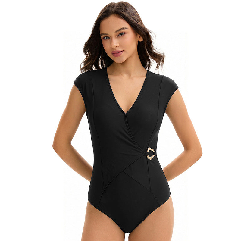 Sexy Swimsuit Women Triangle One Piece Solid Color Backless Conservative Swimwear