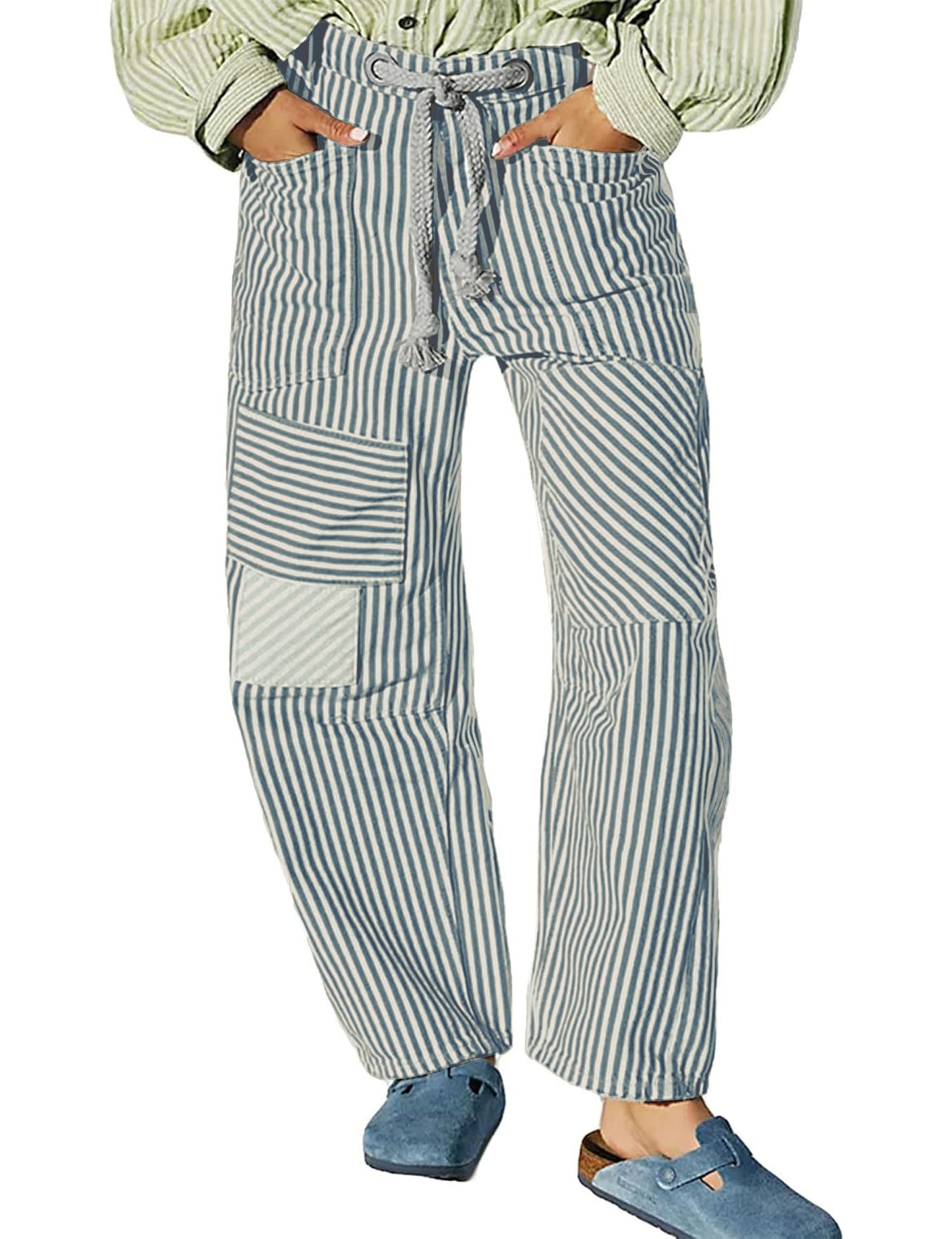 Mid Waist Office Casual Loose Wide Leg Striped Stitching Drawstring Pocket Trousers