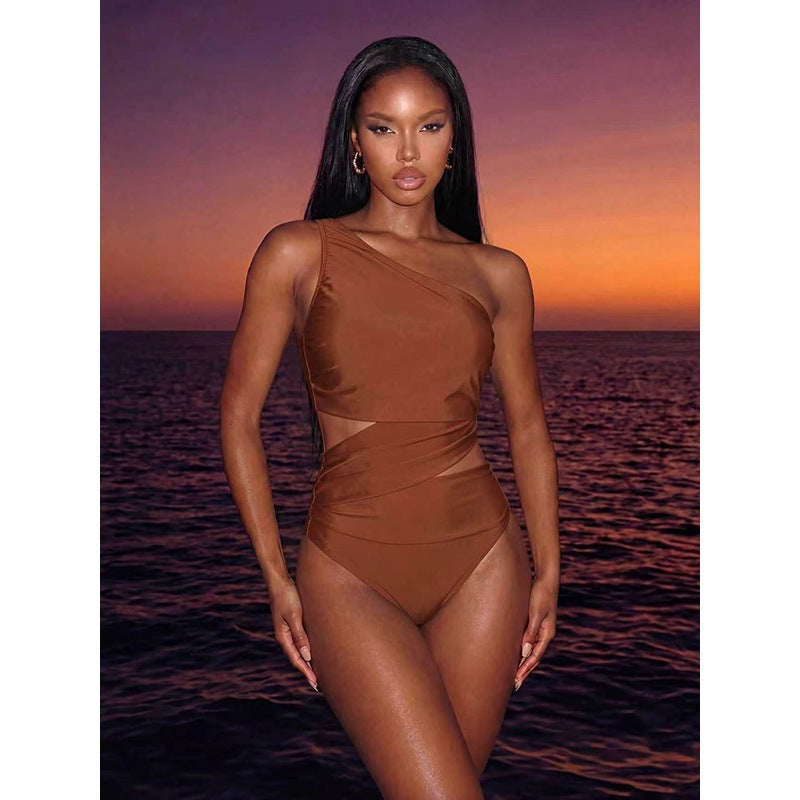 Solid Color One Shoulder Sexy Swimsuit Women Beach Spring Bikini Swimsuit