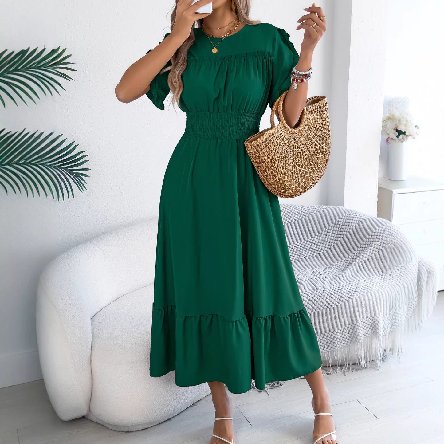 Spring Summer Casual Stringy Selvedge Short Sleeve Smocking Waist Controlled Large Hem Maxi Dress Women Clothing