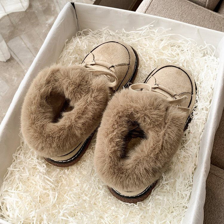 Warm Lace up Low Top Cotton Shoes Women Winter Fleece lined Thickened round Lace up Snow Platform Ankle Boots