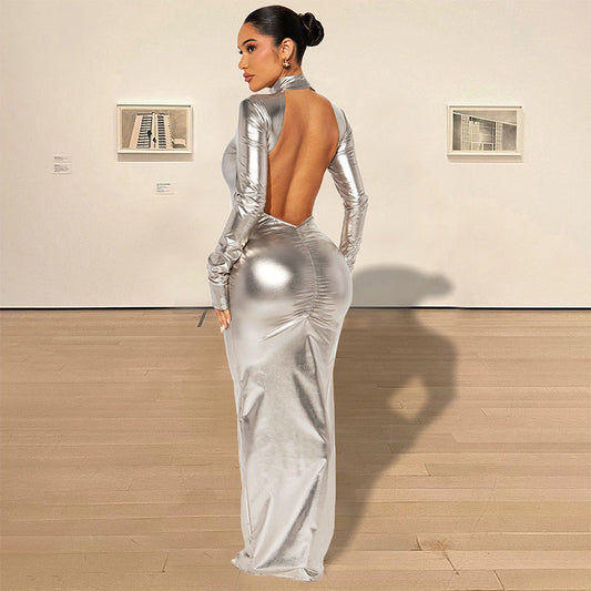 Autumn Winter Metallic Sexy Backless Skinny Slimming Slim Dress Women Metallic Coated Fabric Dress