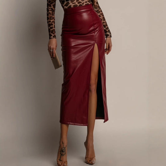 Leather Split Skirt Women Clothing High Waist Figure Flattering Sheath Leather Skirt Solid Color Skirt