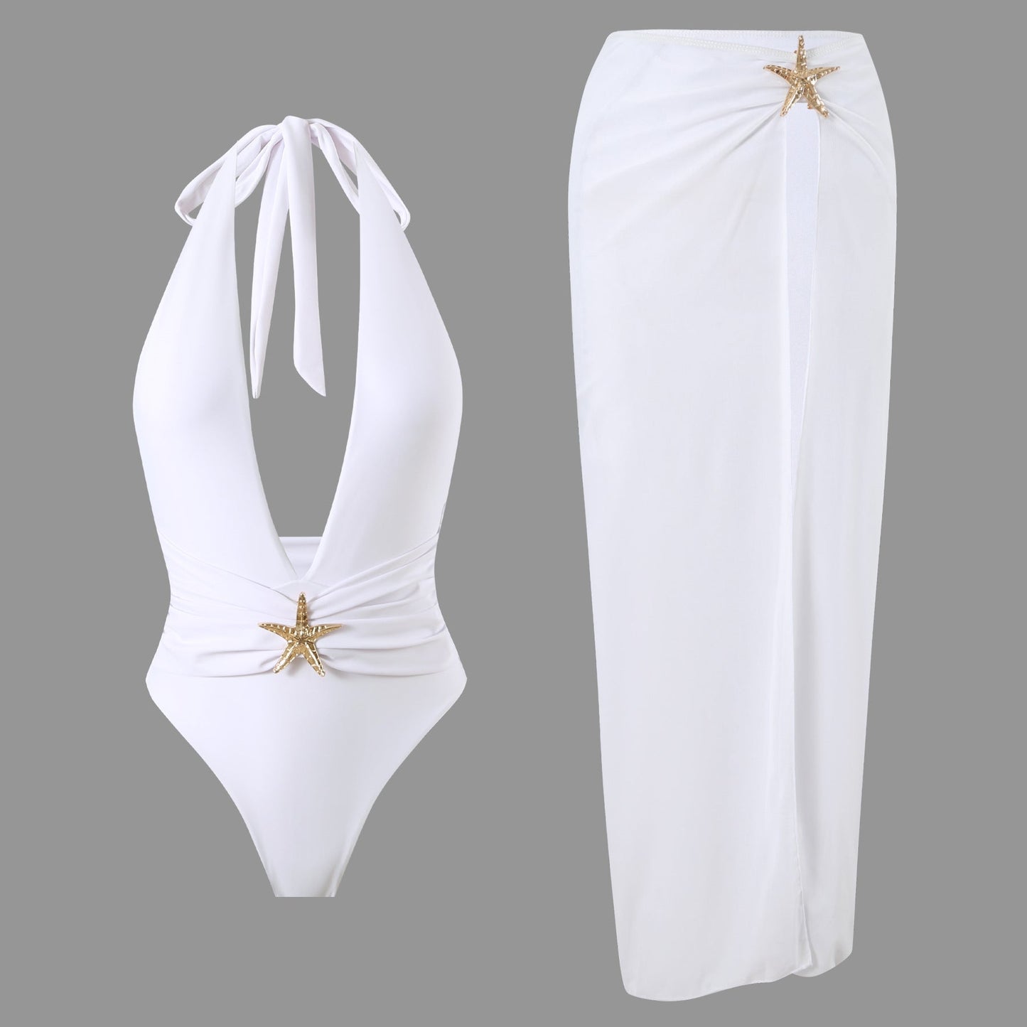 Solid Color One Piece Split Maxi Dress Mesh Halter Sexy Summer Bikini