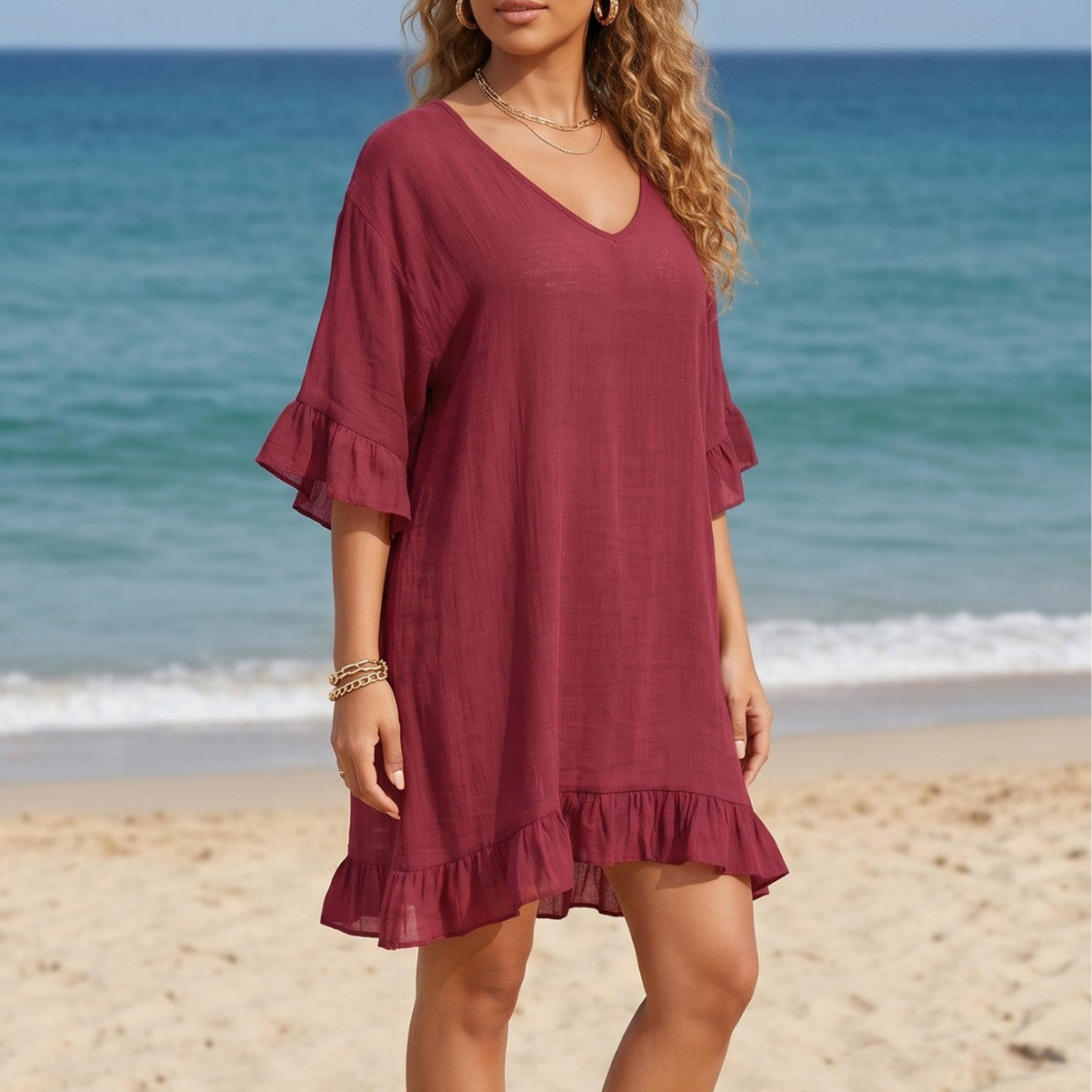 Beach Women Dress Clothing Sexy Backless Deep V Plunge Ruffled Beach Dress Loose Bikini
