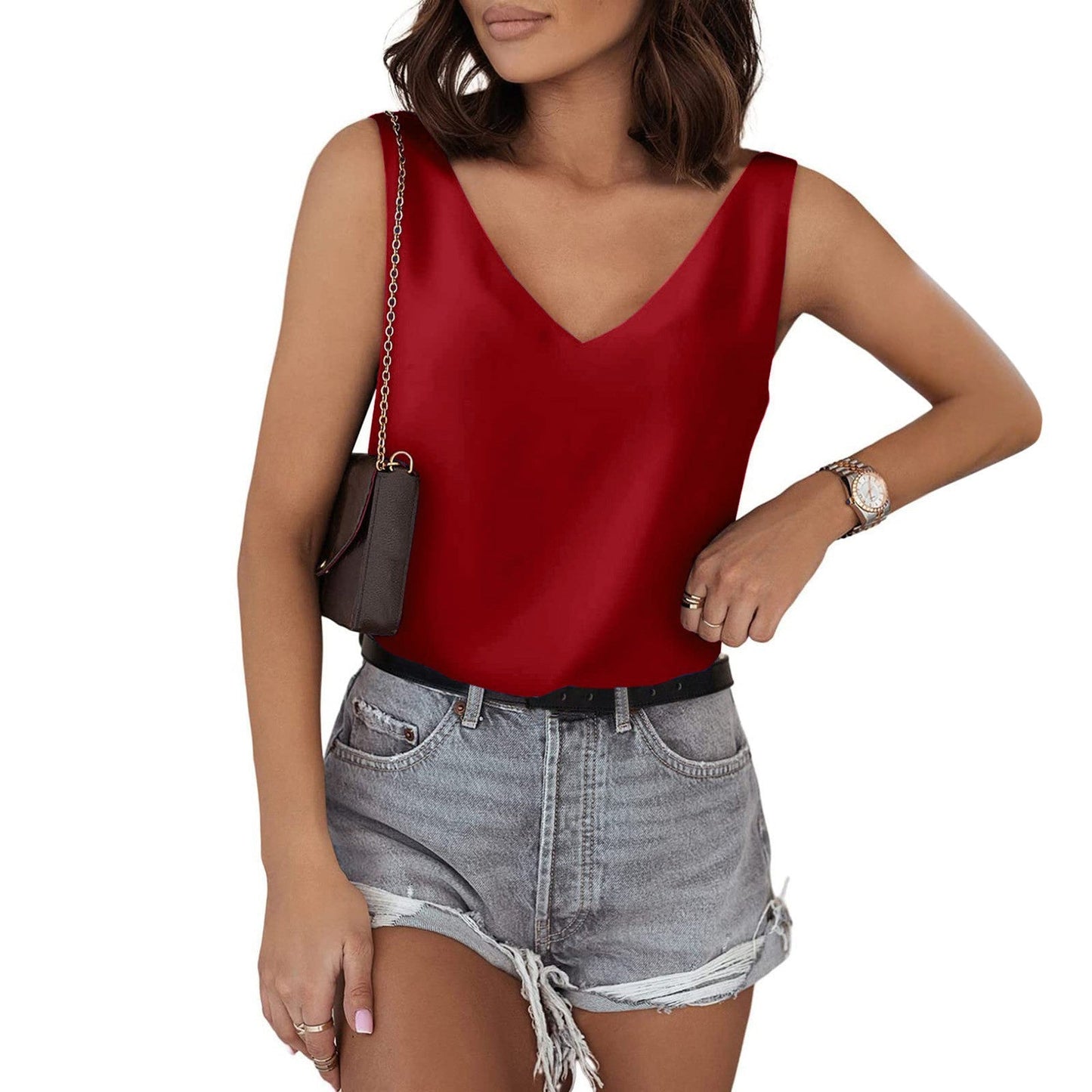 Solid Color Satin Vest V neck Casual Camisole Sleeveless Shirt Summer Basic