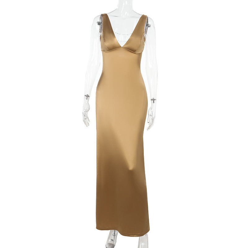 Sexy V neck Backless Bead Necklace Decorative Seaside Holiday Dress Women