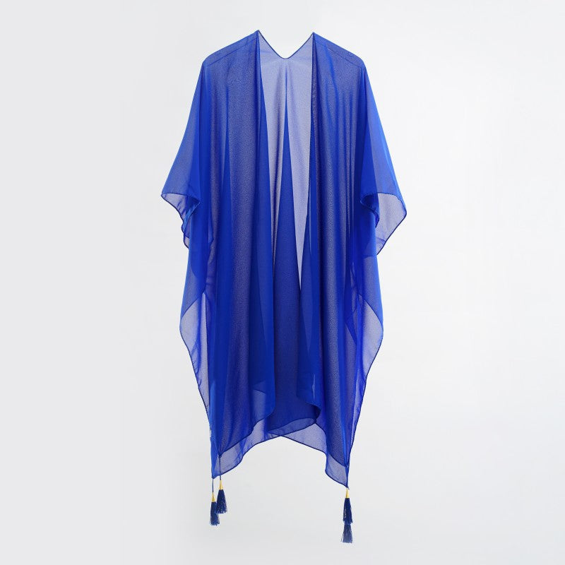 Seaside Blouse See Through Sexy Tassel Thin Cape Solid Color Travel Sun Protection Cardigan