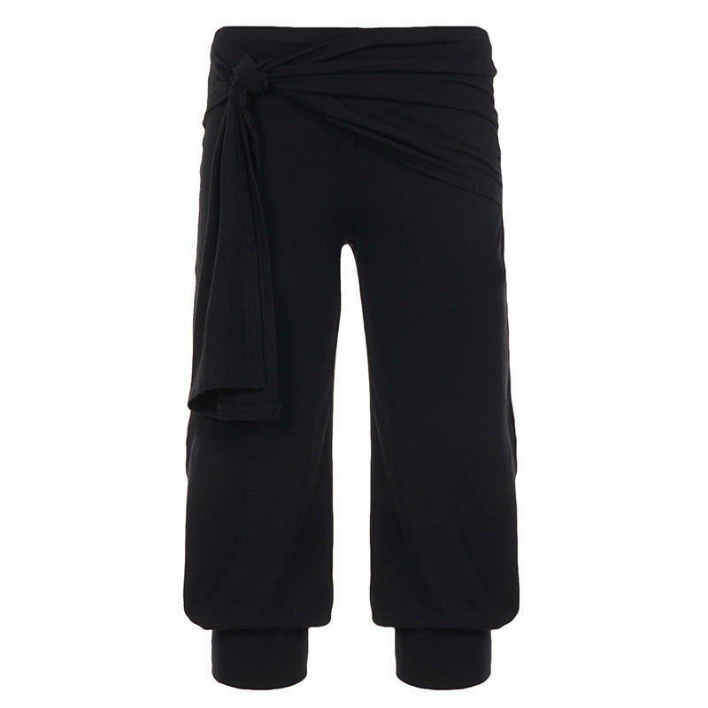 Casual Sports Solid Color Waist Lace up Stitching Low Waist Mid Length Pants Women Loose Summer Ankle Banded Pants