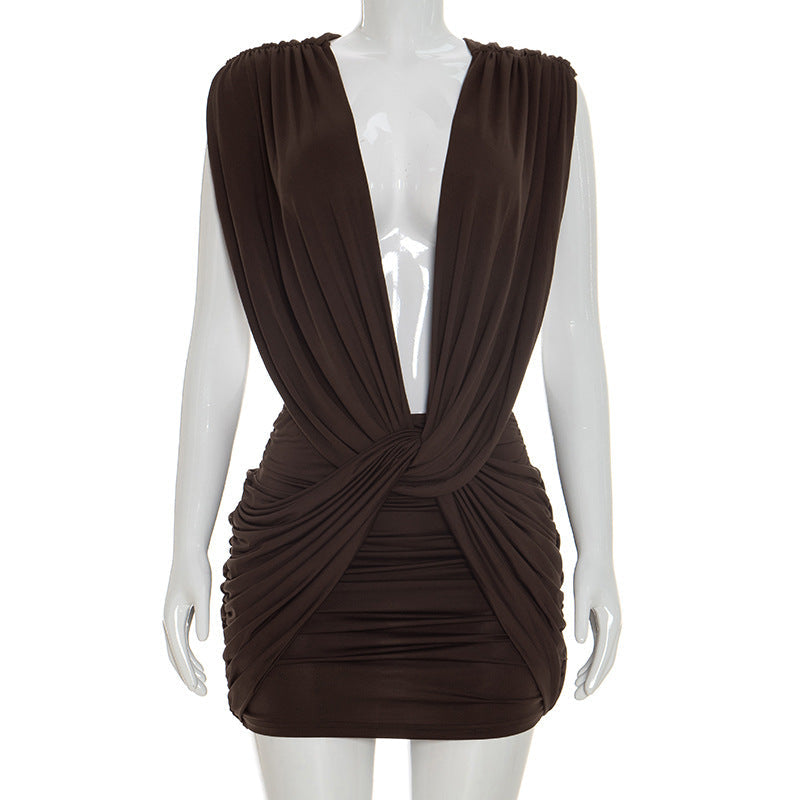 Women Clothing Summer Solid Color Casual Cross Twist Sleeveless Pleated Slim Short Dress